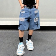 กางเกงขาสั้นผ้าเดนิมลำลองผู้ชายพิมพ์ลายดาว Ripped Jorts Baggy Jorts Graphic Cross Plain สีกรมท่า