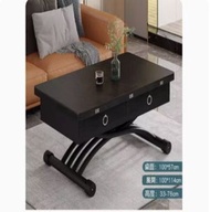 ONE - 升降茶几餐桌組合,餐桌茶几電腦桌化妝桌多用途升降摺疊可移動免安裝(岩板啞光+馬薩黑+松木板+4抽屜)100x57cm