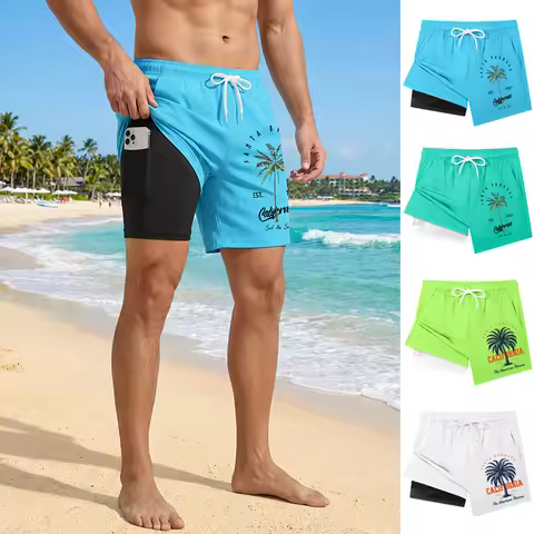 Palm Tree Letter Print 2 in 1 Board Shorts for Men Summer Casual Beach Shorts with Phone Pocket Quic