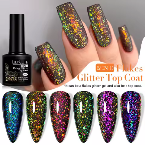 LILYCUTE 7ml 2 IN 1 Flakes Glitter Top Coat Gel Nail Polish Semi Permanent UV Gel Sparking Auroras N