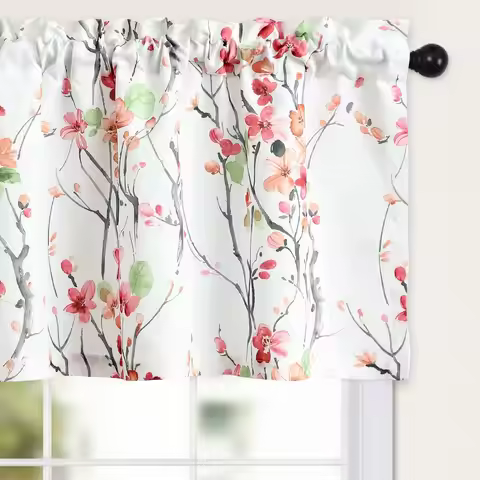 Cherry Blossom Watercolor Curtains Japanese Flower Print for Kitchen Window Spring Decor