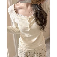 Korean Lace Ruffle Fake Two-piece Long Sleeved T-shirt Women's Spring and Autumn Slim Button Design Sense Casual Round Neck Top
