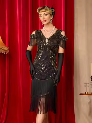 Great Gatsby Dresses 1920s for Women, Vintage Special Fringe Sleeve Dress Roaring 20s Sequins Beaded