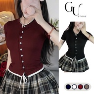 Short Sleeve T-shirt with Colored Border Round Neck Bodycon Front Button Korean Style Personality GU