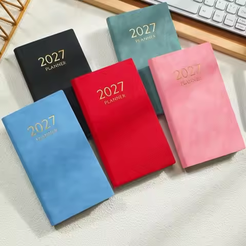 A6 Daily Planner Notebook 2027 PU Leather English Yearly Agenda with Colorful Month Index Tabs Pocke