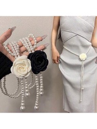 2 piezas de cadena de cintura de perlas de imitación con rosa negra y blanca y largos collares florales elegantes, decoración de la cintura de la mujer. Ideal para combinar con vestidos y regalos para mujeres