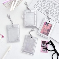 Silver K-pop photo card holder with metal chain keyring – Hard card protector with clip PF4G