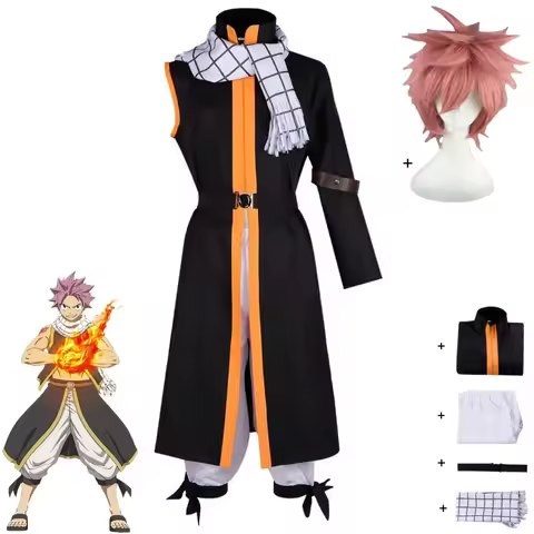 Anime FAIRY TAIL Etherious Natsu Dragneel Cosplay Costume Slayers Black Coat Robe Scarf Pants Wig Ma