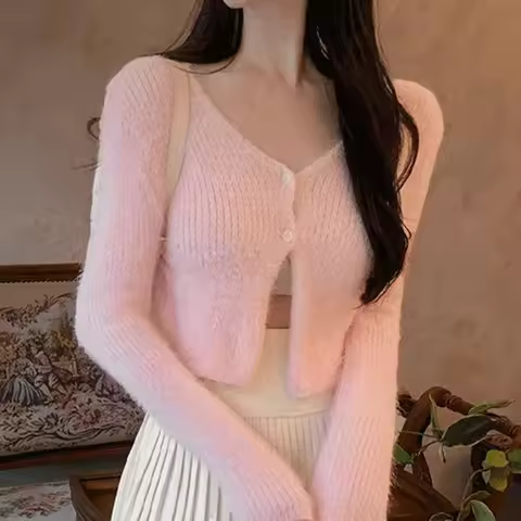 Fuzzy Knit Top Sweater Cardigan Women Long Sleeve Button Up Crop Sweater Jacket Teen-girl Autumn Win