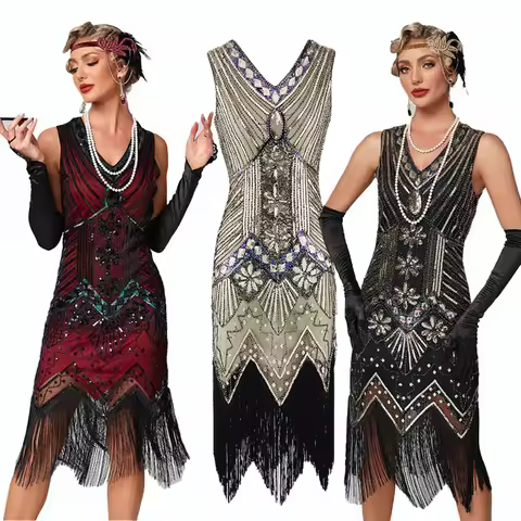 Women's Flapper Dresses 1920S Fringed Tassel Sequin Great Gatsby Dress Round-Neck with 20S Accessori