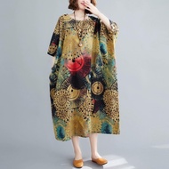 Oladivi Plus Size Fashion Print Women Dress Casual Oversized Summer Cotton Linen Long Dress 6011 KCJ