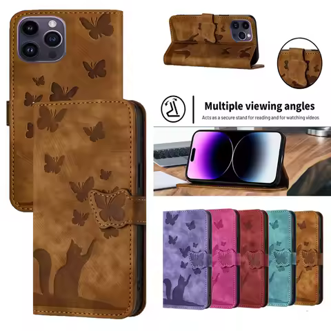 Wallet Bags Flip Cover For Redmi 15 Etui Butterfly & Cat Leather Case on For Redmi 15 15C 14C 14R 13