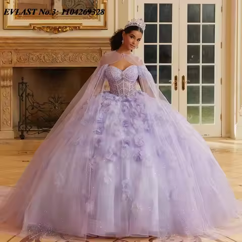 EVLAST Customized Lilac Lavender Quinceanera Dress Ball Gown Floral Applique Beaded Cape Sweet 16 Ve