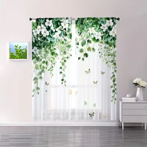 2PCS Watercolor Green Vine & White Floral Sheer Curtains - Lush Botanical Window Drapes with Butterf