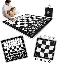 SWOOC Games - 3-in-1 Giant Checkers, Chess, &amp; Chess Tac Toe Game with Mat (4ft x 4ft) - Machine-Washable Canvas &amp; 5" Big Foam Discs - Giant Chess Set Outdoor &amp; Checkers Board Game for Adults &amp; Kids