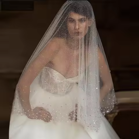 Bride Sparkling Starry Sky Mesh Veil Celebrity Props Wedding Pearl Headgear
