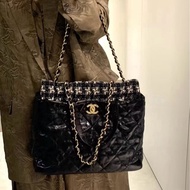 ✨Chanel 黑金孟買 牛皮格紋毛呢2way 琴譜托特包 鏈條可滑動 🖤