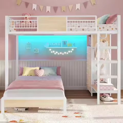 Full Over Twin Bunk Bed with 8 Storage Drawers, LED Lights & Safety Guardrail for Kids Teens