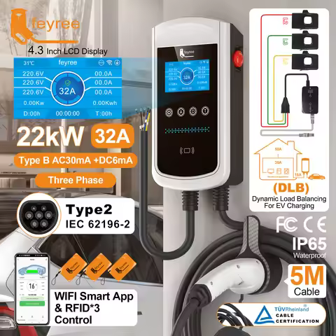feyree Type2 32A 7kW 1P DLB EV Charger 4.3inch Screen Dynamic Load Balancing 11kW 22kW 3P EVSE Wallb
