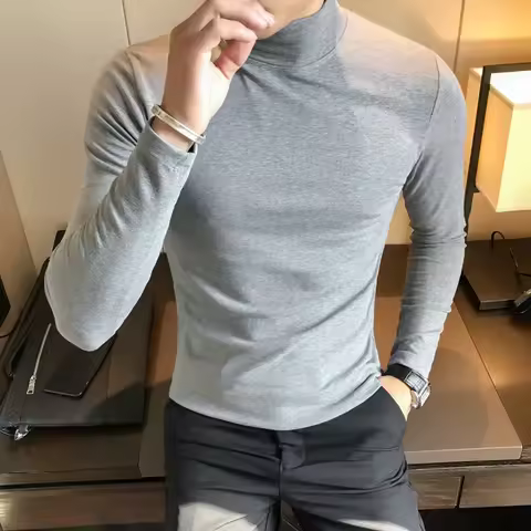 Basic Bottoming Plain T-shirt Fashion Men's Casual Slim Fit Basic Turtleneck High Collar Pullover Ma
