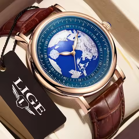 2025 LIGE Mens Watches Fashion Blue Planet Creative Earth Quartz Wristwatch Leather Sport Watch for 