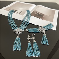 Natural Blue Apatite Multi-Layer Necklace Bracelet Earring Set Retro Light Luxury Niche Design Neckl