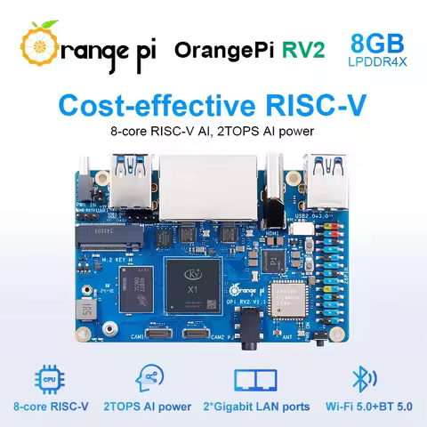 Orange Pi RV2 8GB RAM Single Board Computer DDR4 8-Core RISC-V 2TOPS AI CPU WiFi BT5.0 BLE M2 PCIE S