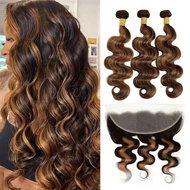 Dark Brown Highlight 3 Bundles with 13x4 Frontal Body Wave Human Hair Free Part, Soft Glossy 12A Omb