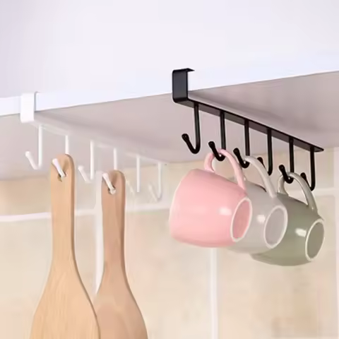 Iron 6 Hooks Storage Shelf Wardrobe Cabinet Metal Under Shelves Mug Cup Hanger Bathroom Kitchen Orga