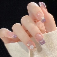 24 Pieces of Camellia Nails Golden Lines Glitter Flashing Fake Nails White White Whitening Wearing N