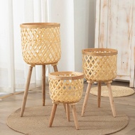 LARNA With Stand Bamboo Woven Flower Pot Handmade Stool With Legs Floor Planter Baskets Rack Nursery Pots Straw Woven Plant Flower Display Storage Stand Indoor