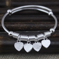 Cute Fashion Girl Silver Bracelet 990 Sterling Silver Peach Heart Bell Round Rod Bracelet