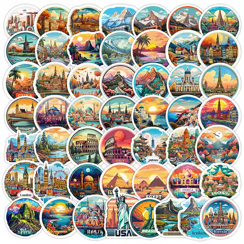 50PCS World Landmark Architecture Tourist City Stickers Guitar Skateboard Suitcase Travel Beautiful 
