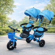 3-Seater Kids Twin Trolley Bike Tricycle with Push Handle Front Pedal Bike+ 2 Back Seats With Canopy