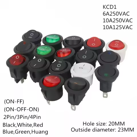 1PCS ON/OFF Round Rocker Switch LED illuminated Car 12V 24V / 6A 250V / 10A 125V 2/3/4PIN Switch 20M