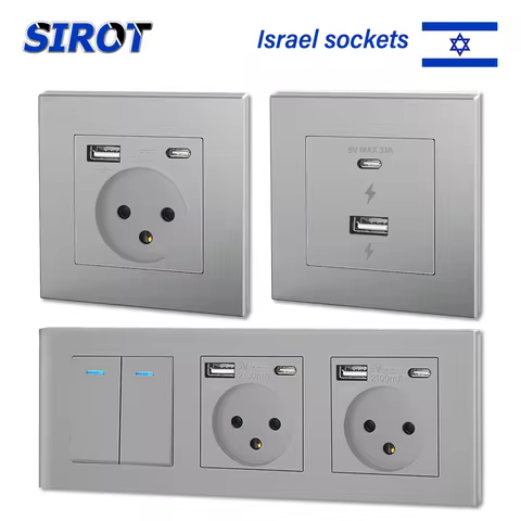 SIROT Israel Standard Wall Power Socket,16A AC 230V Israel Socket,USB A C 5V 2.1A Charging Port,Grey
