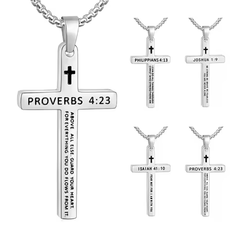 1pc Inspirational Bible Verse Cross Necklace For Men Stainless Steel Mens Necklace 24inch Chain