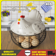 【cover+basket】Chicken Egg Tray Metal Wire Basket With Ceramic Farm Chicken Cover Fruit Vegetables Snacks Basket Egg Holder Decorative Kitchen Storage