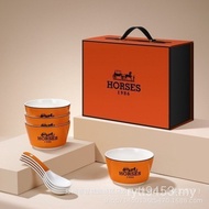 Series Pottery Staff Welfare Tableware Gifts Gifts Hand Bowl Orange Spoon Gathering Companion Set Wh