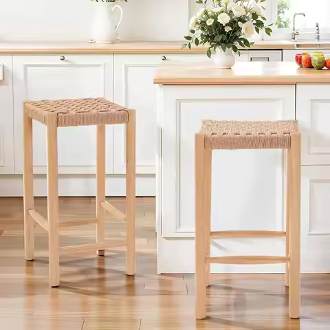 2-Pack Industrial Bar Stools 26.4" Height - Kraft Paper Cord Seats, Rubberwood Legs & Adjustable Fee