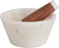 Creative Co-Op Marble and Acacia Wood, Set of 2 Mortar and Pestle, 6" L x 6" W x 5" H, White