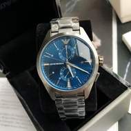 Emporio Armani手錶 亞曼尼手錶 石英錶 黑色藍面鋼帶錶 大直徑手錶男 三眼計時日曆防水手錶 新品AR11481 多功能時尚休閒腕錶 阿瑪尼手錶男