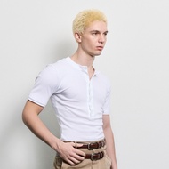 Hunter Studios - เสื้อยืดแขนสั้น ทรงพอดีตัว คอกระดุม ตัดต่อปลายแขน ผ้าRibbed รุ่นHenley Shirt