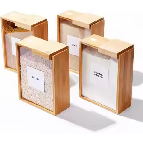 New 2L Food Dispenser Airtight Wooden Food Storage Container with Label Dampproof Kitchen Organizer 