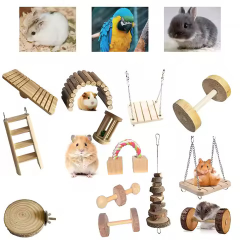 Cute Hamster Roller Toys Natural Wooden Pine Dumbells Unicycle swing Chew Molars Toys Bird Rabbit Gu
