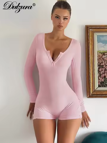 Dulzura Skinny Long Sleeve Playsuits Solid Bodycon Jumpsuits Rompers Evening Party Club Holiday Work