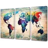 W60148 3 Pieces Abstract World Map Canvas Painting Vintage Posters and Prints Colorful Wall Art Wall