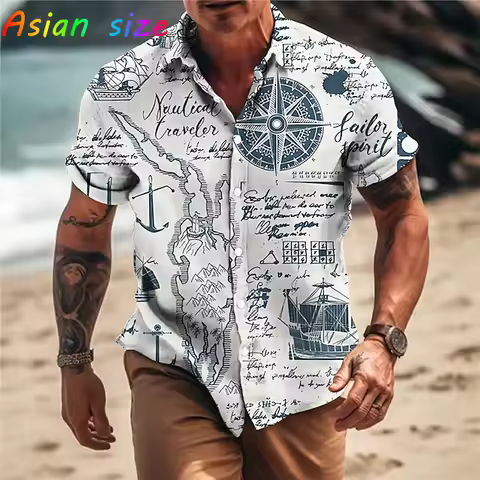 2026 Calssic Vintage Men Hawaiian Shirt 3d Sailing Boat Shirts For Men Compass Print Hawaii Beach Sh