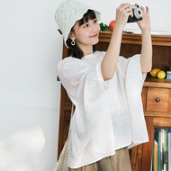 OB Japanese Pure Cotton Three-Dimensional Embroidered Hollow Lace Doll Sleeve Top < AB20271 >