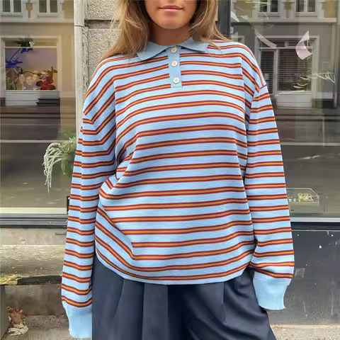 Oversized Striped Sweater for Women Collared Long Sleeve Preppy Sweater Vintage Y2K Aesthetic Knitte